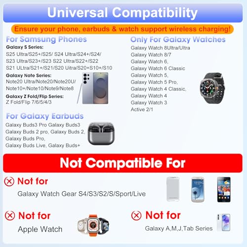 Wireless Charger for Samsung/Android Charging Station, 6 in 1 Fast Watch Charger with Alarm Clock-Night Light, Compatible for Galaxy S25 Ultra/S24, Only for Samsung Watch8/7, Galaxy Buds3 Pro(White) - color: White