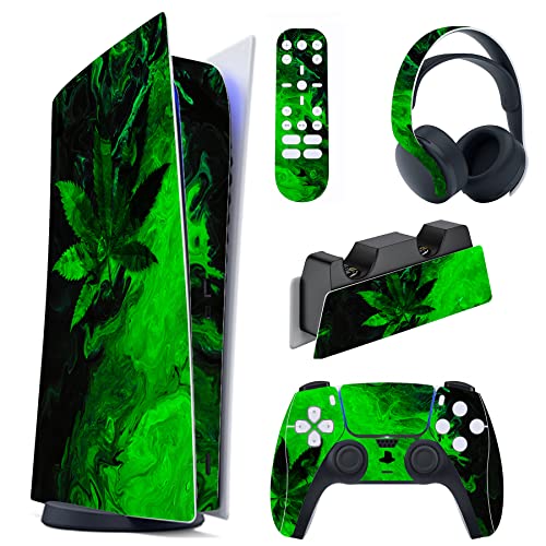 PlayVital Green Leaf Full Set Skin Decal for ps5 Console Digital Edition, Sticker Vinyl Decal Cover for ps5 Controller & Charging Station & Headset & Media Remote - color: Green Leaf