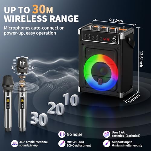 JYX Karaoke Machine with 2 Wireless Microphones, Portable Bass/Treble Bluetooth Speaker with LED Light, Support TWS, AUX in, FM, REC PA System with Remote Control, Supply for Party/Adults/Kids - color: Black