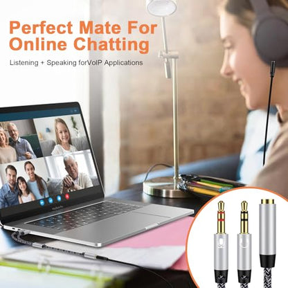 ABCPOW Headset Splitter Cable for PC 3.5mm Jack Headphone Splitte AUX Audio Adapter Microphone Splitter 3.5mm Female to 2 Dual 3.5mm Male for Computer Simultaneously Y Splitter Gaming Speakers for PC - color: Silver