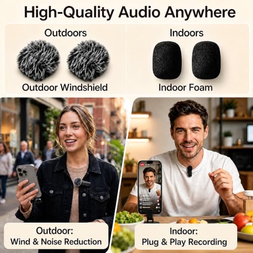 Wireless Lavalier Microphone for iPhone Android, 2Pcs Mini Mic, Plug & Play | Noise Cancelling, 64dB Adaptive, 0.35oz Featherweight, 65ft Range, 6H Battery, for Content Creators Vlogging, YouTube, TikTok