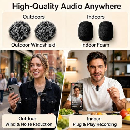Wireless Lavalier Microphone for iPhone Android, 2Pcs Mini Mic, Plug & Play | Noise Cancelling, 64dB Adaptive, 0.35oz Featherweight, 65ft Range, 6H Battery, for Content Creators Vlogging, YouTube, TikTok