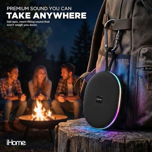 iHome Venture Wireless Portable Bluetooth Speaker with RGB Lights | Water Resistant, Built-in Carry Strap, TWS Pairing, Color-Changing LEDs, Rechargeable Battery, Cable Included, Bluetooth 5.3 - color: Black