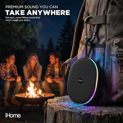 iHome Venture Wireless Portable Bluetooth Speaker with RGB Lights | Water Resistant, Built-in Carry Strap, TWS Pairing, Color-Changing LEDs, Rechargeable Battery, Cable Included, Bluetooth 5.3 - color: Black