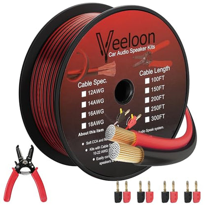 16AWG Speaker Wire 100 FT, 16/2 Gauge Audio Speaker Wire Kits with Cable Cutter Banana Plugs Tool, Polarity Marker, 2 Conductors Zipper Wire for Car Speakers Stereo, Home Theater, Surround Sound,CCA - size: 100 FT, style: 16 AWG