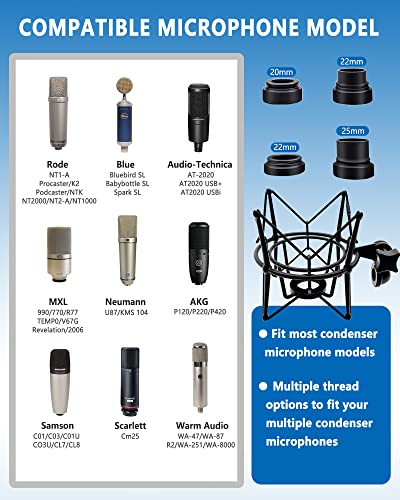 AT2020 Shock Mount Universal Microphone Holder Spider Recording Mic Shockmount Stand Compatible with Many Condenser Mics Like Rode NT1-A NT2-A Procaster MXL 990 770 U87 (Black) - color: Black