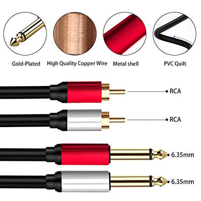 2 x 6.35 mm to 2RCA Cable,Dual 1/4 inch TS Stereo Jack Male to 2 RCA Male Stereo Audio Cable Splitter Adapter (10ft/3m, Black) - size: 10ft/3m