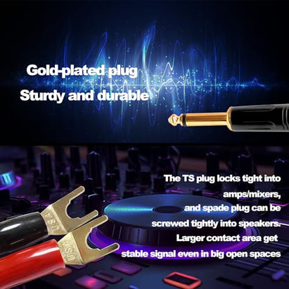 1/4 TS to Y Spade Plug Speaker Cable Wire Cord, 6.35mm Mono to 2Y Spade Plug Connector Adapter Audiophile OFC HiFi Speaker Audio Cord for Amplifier Subwoofer Audio System -6.6FT/2M