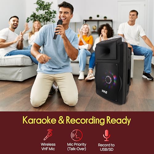 Wireless Portable PA Speaker System - 700 W Battery Powered Rechargeable Sound Speaker and Microphone Set with Bluetooth MP3 USB Micro SD FM Radio AUX 1/4" DJ Lights - for PA/Party - Pyle PSUFM1280B - color: Black