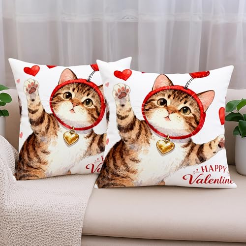 Cat Throw Pillow Covers Set of 2, Playful Fanciful Hearts Red Headband Valentine Red Soft Velvet Washable Accents Pillows Cases for Home Bedroom Living Room Sofa Couch Decor 18x18 Inch - size: 18" x 18" (Pack of 2)