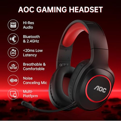 AOC Bluetooth Gaming Headset with Mic for PC, PS5/4, Nintendo Switch- Red | USB-C & Bluetooth 5.4 & 2.4GHz Gaming Headphones with Noise Canceling Mic, 7.1 Virtual Surround, 20ms Latency, 45H, RGB - color: Red