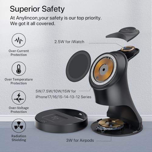 3 in 1 Wireless Charging Station for Apple Devices,Magsafe Charger for IPhone17 16 15 14 13 12 Pro/Max/Plus/Mini Wireless Charger Station for AirPods 2/3/4/Pro iWatch Ultra11/10/9/8/7/SE/6/5/4/3/2 - color: Black