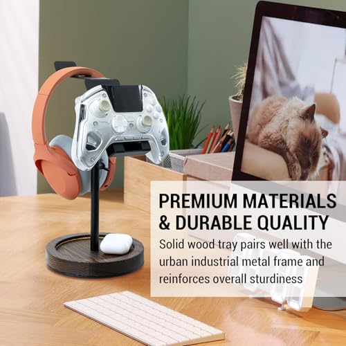 MyGift Industrial Matte Black Metal Headphone Stand with Adjustable Height and Burnt Wood Tray – Desktop Headset Holder for Office, Gaming, or Studio Setup - color: Dark Brown (Adjustable Height)