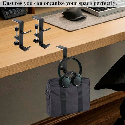 Desk Mount Headphone Hook Bag Holder Hook Clamp,Headphone Hanger and Backpack Hanger with Double Hooks,Universal Aluminum Alloy Gaming Headphone Stand Under Desk (Black) - color: Black