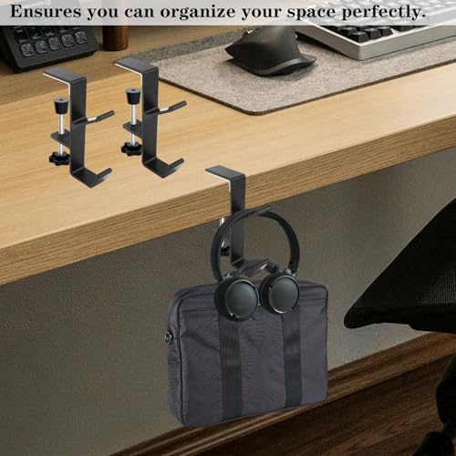 Desk Mount Headphone Hook Bag Holder Hook Clamp,Headphone Hanger and Backpack Hanger with Double Hooks,Universal Aluminum Alloy Gaming Headphone Stand Under Desk (Black) - color: Black