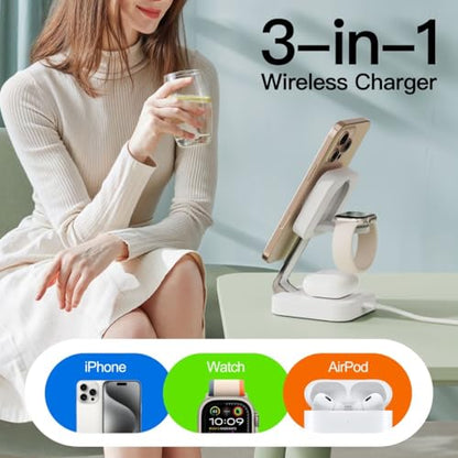 RYND 2026 Traveling Wireless Magnetic Fast Charging Station,3 in 1 Charger with i Phone 17 16 15 14 13 12 Pro Max Plus,Apple Watch Series & Air pod 4 3 2 Pro-Gifts for Wife & Husband(Rose Red) - color: Rosy Red