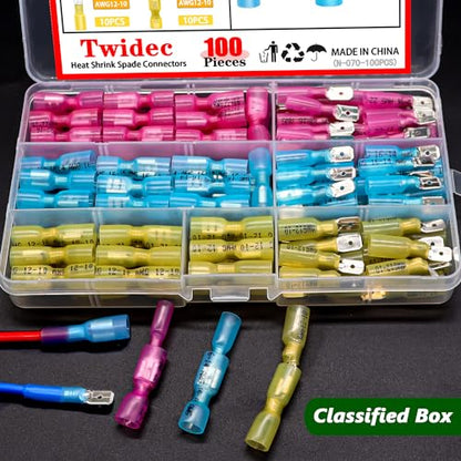 Twidec/100PCS Heat Shrink Spade Connectors Kit 22-10 AWG Female and Male Spade Terminlas Quick Disconnect Connectors Fully Insulated for Automotive Marine and Wire Crimper Tool with Stripper Cutter - color: 101PCS