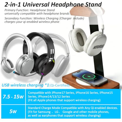 Wooden Headphone Stand with Wireless Charging Pad, 2-in-1 for Walnut Desk | Universal Headset Stand for Gaming Desk, Headphone Rack Compatible with Airpods Max,Bose,Razer,AKG Equipment Accessories - color: White