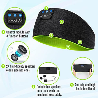 LC-dolida Sleep Headphones Wireless Bluetooth Headband Headphones for Sleeping Music Band Cozy Sleep Mask with Thin HD Stereo Speakers Perfect for Side Sleepers(Black New) - color: Black and Green