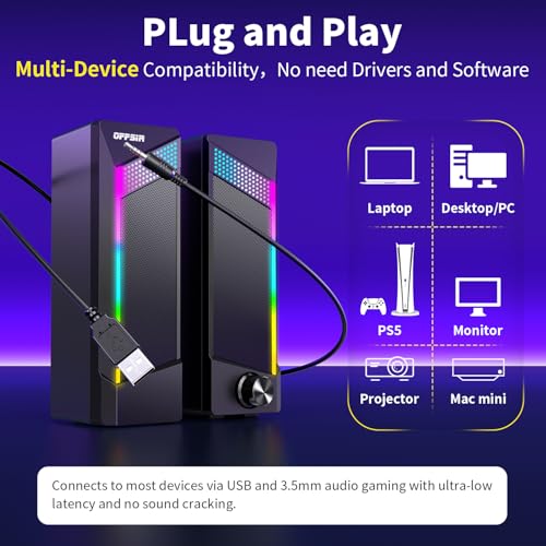 Computer Speakers, 2 in 1 PC Speaker , Gaming Speakers for PC Computer Laptop Desktop Monitor, RGB Speakers with Touch Sensitive Lighting, USB Powered 3.5mm Aux（Package Only Two Speaker, No Soundbar）