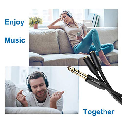 HOSONGIN 1/4 inch TRS to Dual 3.5mm Female Y Cable, 1.5ft, Black Copper Wire & Gold Plated Connectors, Compatible with Headphones - style: 1/4" TRSM to Dual 1/8" TRSF