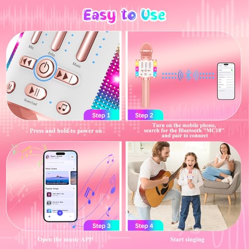 Karaoke Microphone Toys for Kids, Wireless Bluetooth Mic with Lights & Speaker, Portable Home KTV Player System, Perfect Birthday Party for 3-12 Year Old Boys & Girls - color: Rose Gold