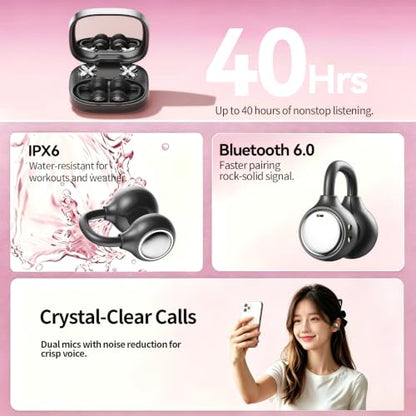 Open Ear Clip Earbuds Bluetooth 6.0, Wireless Ear Clip Headphones with LED Mirror Charging Case, IPX6 Waterproof 40H Playtime, Lightweight Open-Ear Earphones for Women Girls Gifts (Black) - color: Black