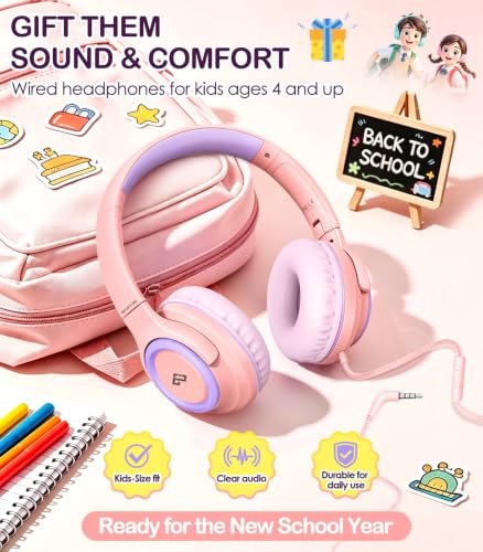 INFURTURE Kids Headphone for School with Microphone, Pink Wired Headphones | Adjustable for Boys/Girls, Soft Ear Muffs, Volume Limit, Foldable, Lightweight On-Ear Headphones for ipad/Travel/Tablet - color: Pink