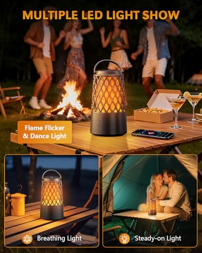 Outdoor Speakers Bluetooth 5.3 with Flame Light,Up to 100-speaker Sync,IPX6 | Waterproof, Wireless Auto-Pairing, HD Stereo Sound Atmosphere Lantern for Party Patio Porch Pool Camp Backyard, Gift for Men