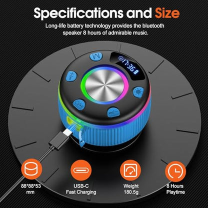 Bluetooth Shower Speaker, IP7 Waterproof Portable Bluetooth 5.3 Speakers with Suction Cup, Mini Wireless Speaker with RGB Lights Time Display, Loud Stereo Sound for Bathroom Beach Outdoor Party, Azure - color: Azure