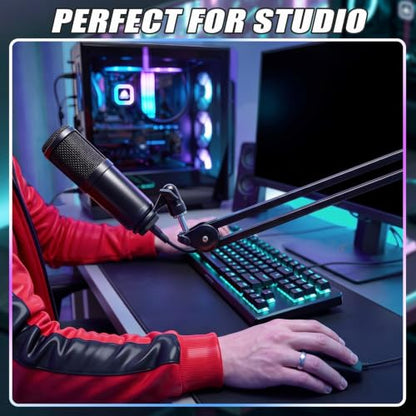 Microphone Boom Arm, 360° Rotatable Mic Arm Stand, Adjustable Height Overhead Mic Holder with Desk Clamp, Cable Channels, 3/8" to 5/8" Threads for Podcast Streaming Gaming Studio Recording