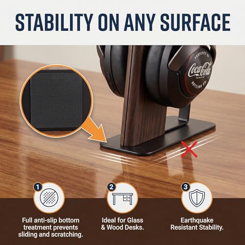 Headphone Stand Desk Cute, No Assembly, Dark Brown | Weighted Base Headset Holder for AirPods Max Sony Bose Beats Sennheiser, Stable Gaming & Studio Earphone Rack, - color: DARK