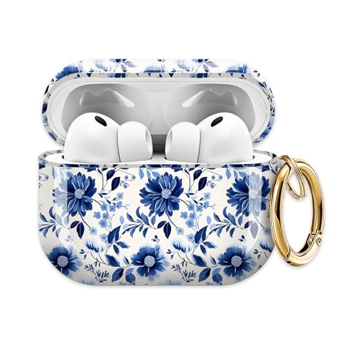 for AirPods Pro 3 Case (2025), Cute Cover Compatible with AirPod Pro 3rd Generation Shell with Rose Gold Keychain Earbuds Case for Women（Dark Blue Flowers） - color: dark blue flowers