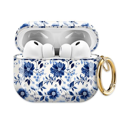 for AirPods Pro 3 Case (2025), Cute Cover Compatible with AirPod Pro 3rd Generation Shell with Rose Gold Keychain Earbuds Case for Women（Dark Blue Flowers） - color: dark blue flowers