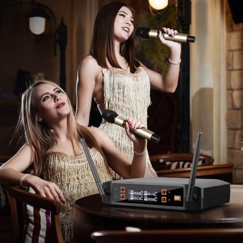 Depusheng DX4 Wireless Microphone with 4 Professional UHF Dynamic Mic Cordless Handheld Microphone System for Karaoke Singing Party Church Wedding PA Speaker
