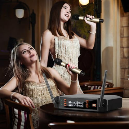 Depusheng DX4 Wireless Microphone with 4 Professional UHF Dynamic Mic Cordless Handheld Microphone System for Karaoke Singing Party Church Wedding PA Speaker
