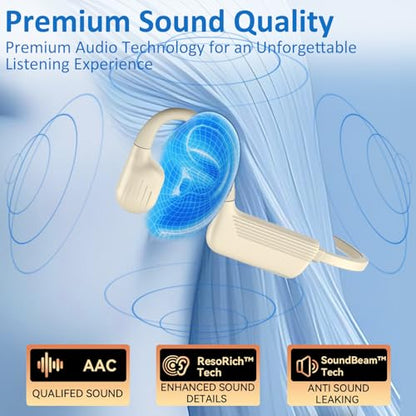 Swimming Headphones, IP68 Waterproof Bone Conduction Headphones, Bluetooth 6.0 &MP3 with32GB Memory Card, Skin Open Ear Swim Earbuds with Adjustable Headband for Swim Cap/Hat, Magnetic Charging(Beige)