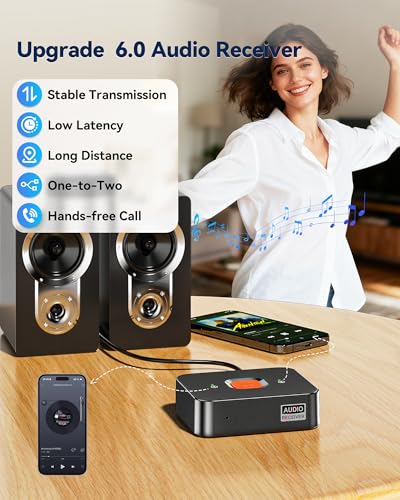 6.0 Bluetooth to RCA Adapter for Stereo Receiver-Long Range Low Latency Bluetooth Receiver for Home Stereo Wireless Audio Adapter for Music Streaming Sound System
