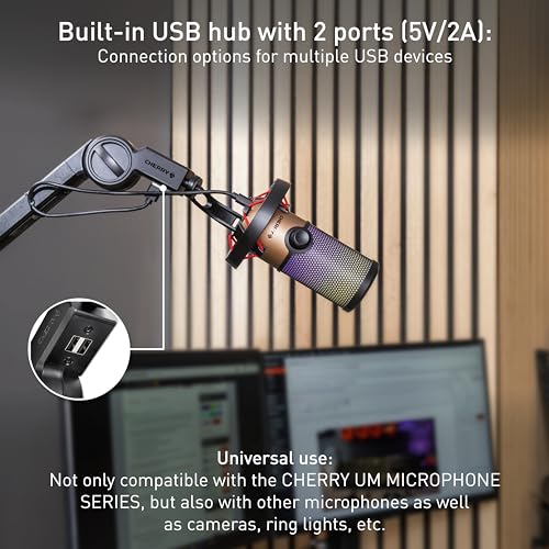 CHERRY MA 6.0 UNI USB, Universal Microphone Arm with USB Hub, 3/8” Thread (3/8 to 5/8” Threaded Adapter + 4 Connection Cables incl.), Stable, Black