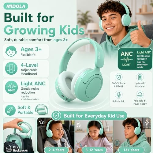 MIDOLA Kids Bluetooth Headphones Wireless,ANC,68H,Safe Volume Limit 85/94dB | Adjustable Headband Foldable Over-Ear for Toddler Girls Boys Tablet/iPad,HD Stereo,Built-in Mic,Green - color: Mint Green