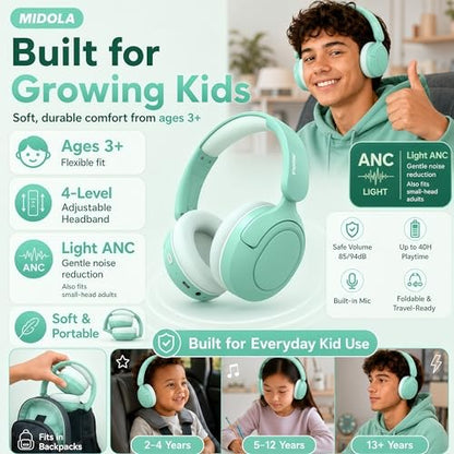 MIDOLA Kids Bluetooth Headphones Wireless,ANC,68H,Safe Volume Limit 85/94dB | Adjustable Headband Foldable Over-Ear for Toddler Girls Boys Tablet/iPad,HD Stereo,Built-in Mic,Green - color: Mint Green