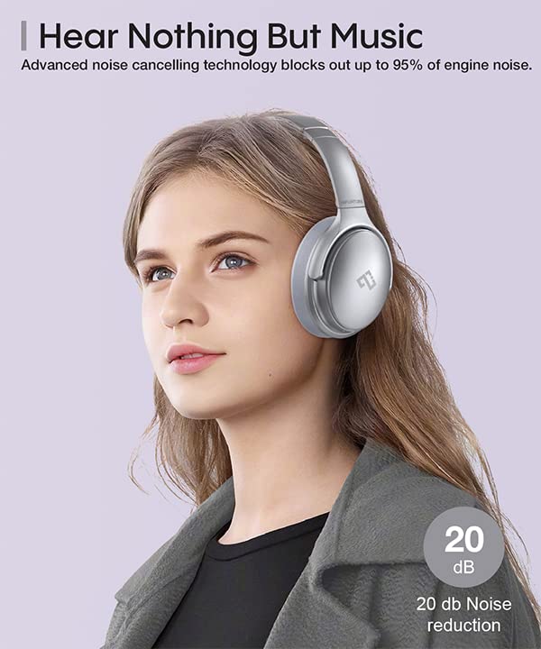 INFURTURE H1 Active Noise Cancelling Bluetooth Headphone Over Ear Deep Bass | Comfortable, Hi-Fi Stereo, 90H Playtime, Low Latency, Foldable Lightweight for Travel, Office, Sport Running - White - color: Silver