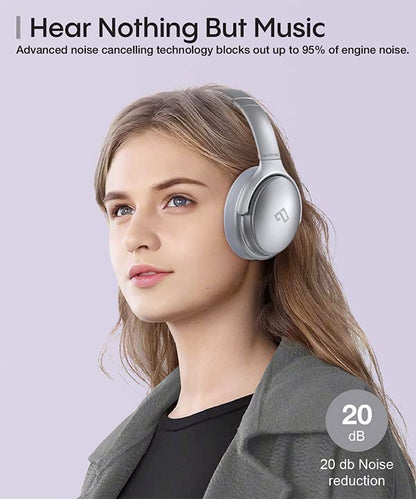 INFURTURE H1 Active Noise Cancelling Bluetooth Headphone Over Ear Deep Bass | Comfortable, Hi-Fi Stereo, 90H Playtime, Low Latency, Foldable Lightweight for Travel, Office, Sport Running - White - color: Silver