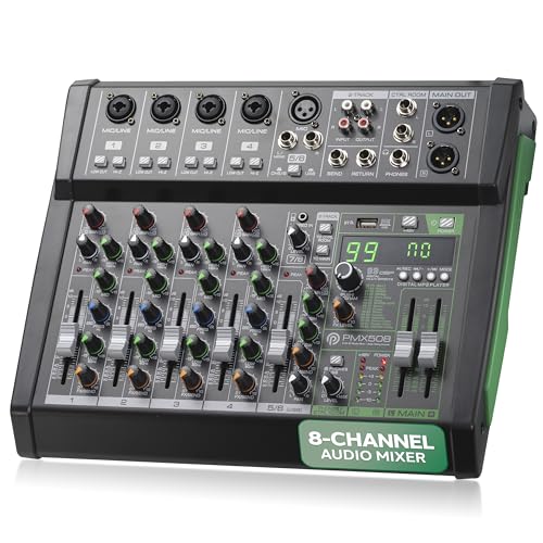 Pyle 8 Channel Audio Mixer - 4 XLR Combo Mic Inputs, Bluetooth Studio Mixer/DJ Controller with DSP Digital Effects, USB-A In with MP3 Player, PC Recording, LED Level Meter, Smooth Dials and Faders - style: 8 Channel