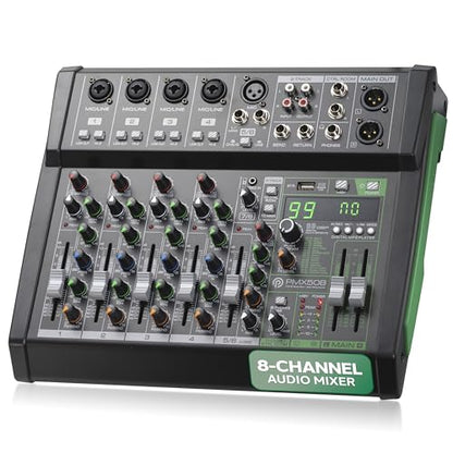 Pyle 8 Channel Audio Mixer - 4 XLR Combo Mic Inputs, Bluetooth Studio Mixer/DJ Controller with DSP Digital Effects, USB-A In with MP3 Player, PC Recording, LED Level Meter, Smooth Dials and Faders - style: 8 Channel