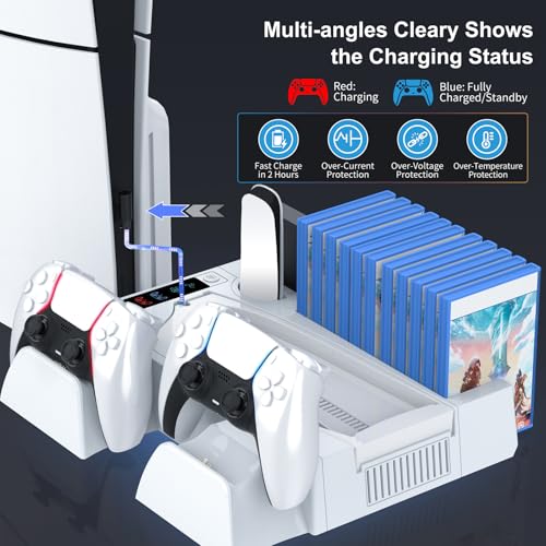 PS5 / PS5 Slim Cooling Station with Controller Charging Station, Cooling Stand for PlayStation 5 Console, PS 5 Dock Accessories Organizer with Storage Slot, PS 5 Cooler Fan, Headset Holder, 4 USB Hub