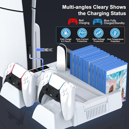 PS5 / PS5 Slim Cooling Station with Controller Charging Station, Cooling Stand for PlayStation 5 Console, PS 5 Dock Accessories Organizer with Storage Slot, PS 5 Cooler Fan, Headset Holder, 4 USB Hub