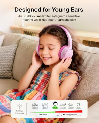 Belkin SoundForm Mini 2 Bluetooth Kids Headphones, On Ear, 55H Battery Life | Toddler headphones, 85dB Volume Limit, Built-in Mic, Wired Connection Option, iPad, Android Tablet, School, Travel - color: Pink
