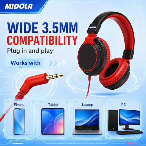 MIDOLA Volume Limited 85/110dB Kids Headphone Over-Ear/On-Ear Foldable Sound Noise Protection Headset with Inline AUX 3.5mm Cord w/Mic for Child School Cellphone Pad PC Notebook Black | Adjustable Headband Foldable Over-Ear Lightweight for Toddler Girls B