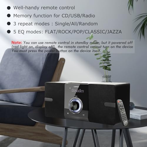 Compact Stereo System Speakers with CD Player, Bluetooth, FM Radio, Aux-in, USB-in, Earphone Jack, DSP-Tech, Remote, 30W Crisp-Sound Shelf Stereo System for Home (LP-886)